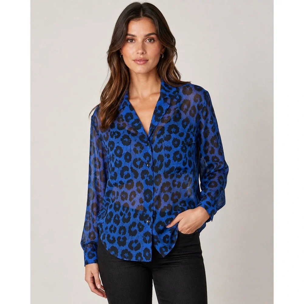 Free People Blue Leopard Animal Print Sheer Button Down Shirt XS Pocket Top